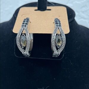 Chic Silver & Black Women's Hoop Earrings with Citrine Stone